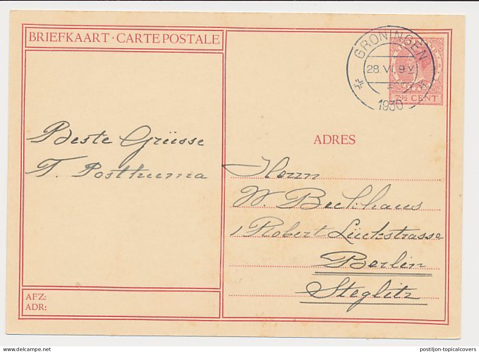 Briefkaart G. 227 H ( Woerden ) Groningen - Duitsland 1930 - Postal Stationery