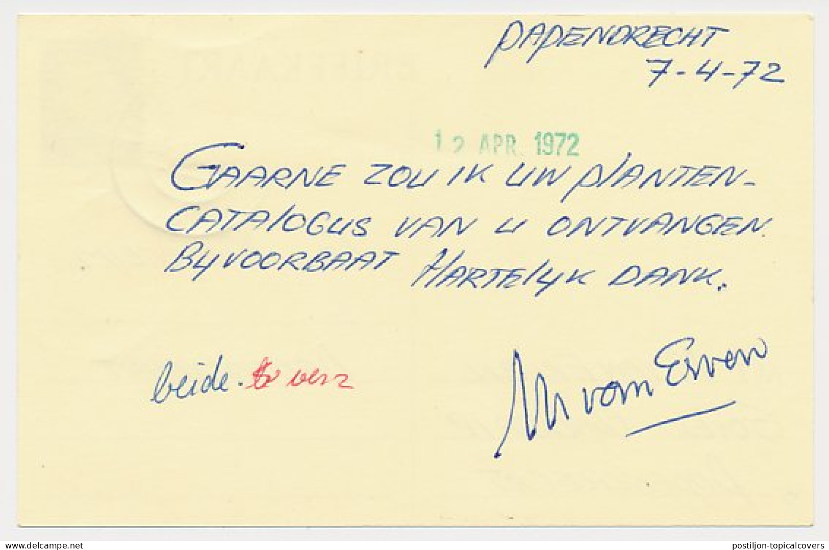 Briefkaart G. 342 / Bijfrankering Papendrecht - Dedemsvaart 1972 - Entiers Postaux