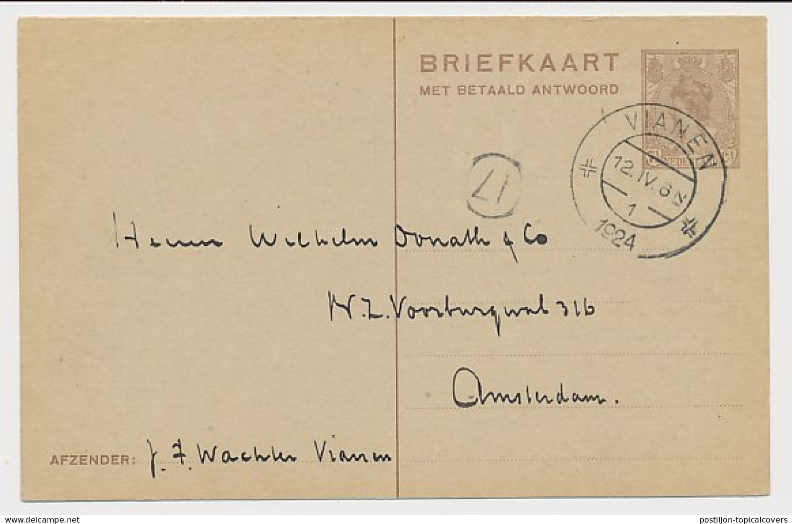 Briefkaart G. 195 V-krt. Vianen - Amsterdam 1924 - Postwaardestukken