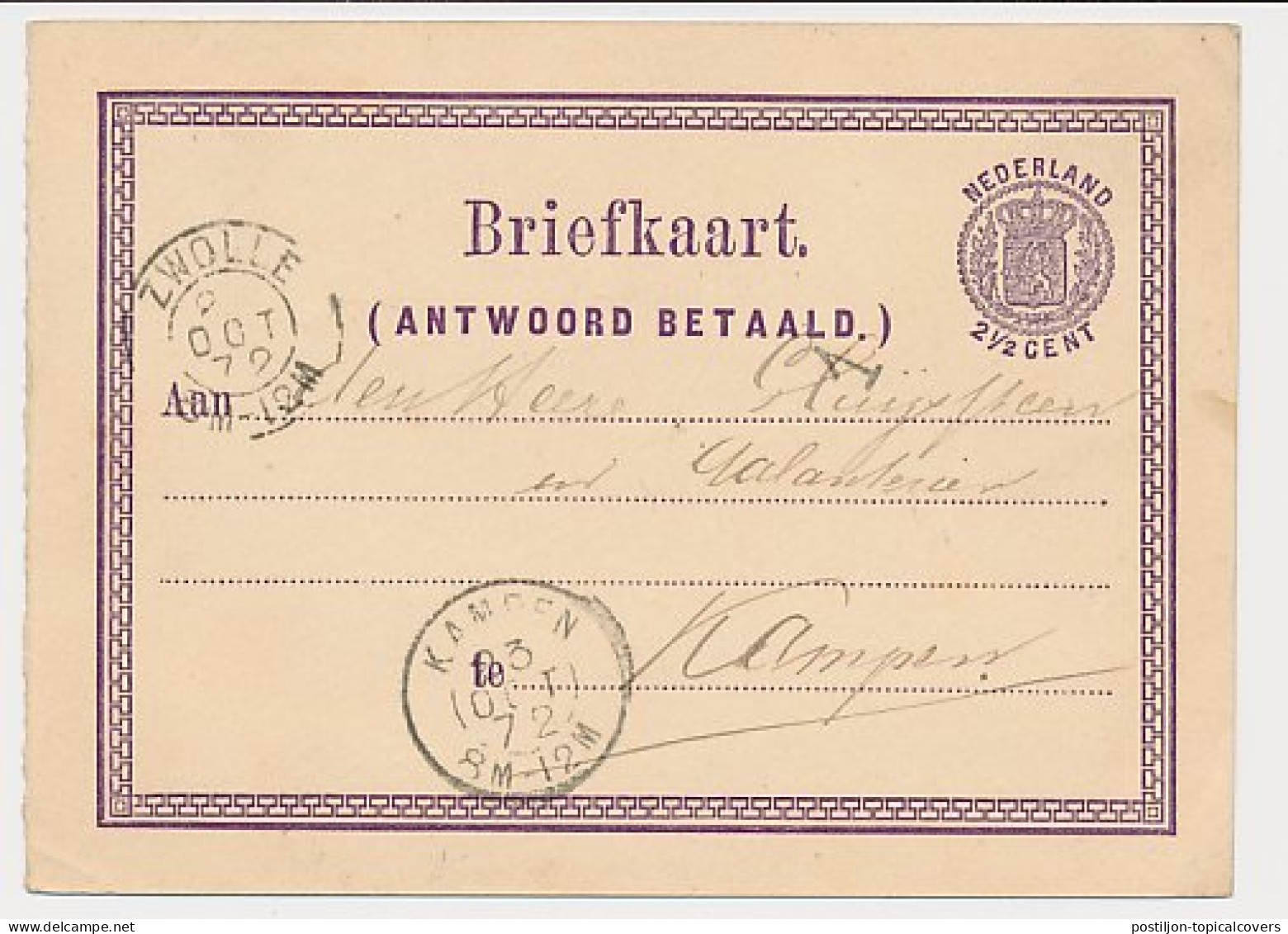 Briefkaart G. 2 V-krt. Zwolle - Kampen 1872 - Postwaardestukken