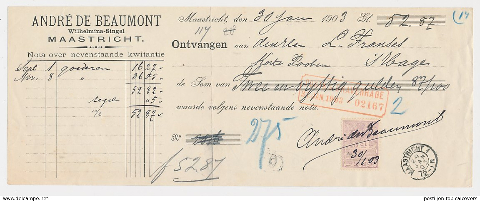 Maastricht - Den Haag 1903 - Kwitantie - Ohne Zuordnung