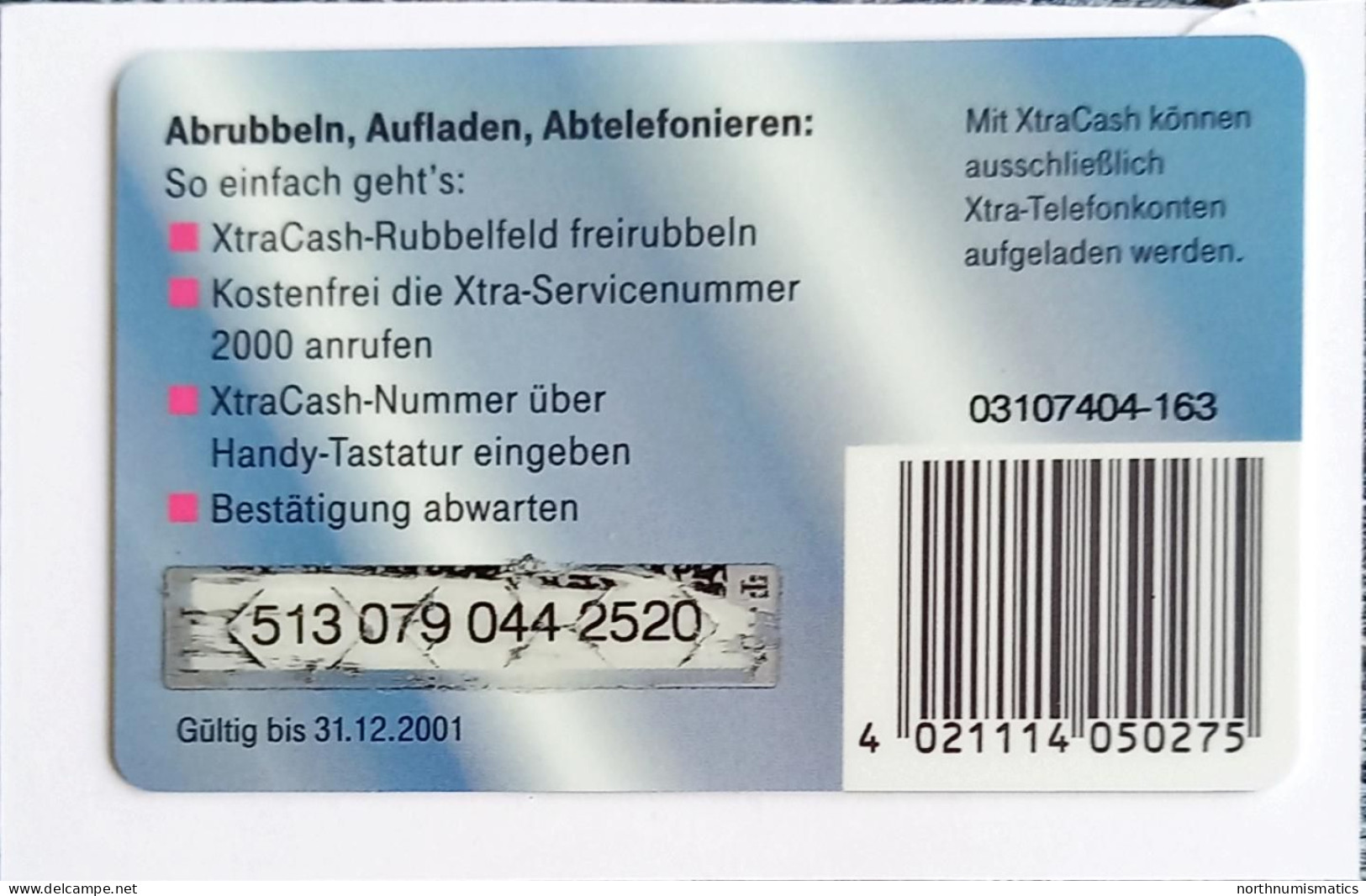 Deutsche .T..D1..Xtra Cash  50 Mark Used Phonecard 31.12.2001 - Colecciones