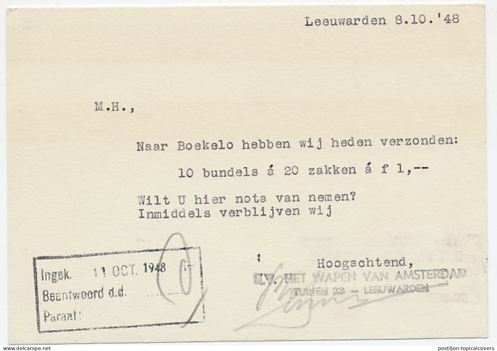 Firma Briefkaart Leeuwarden 1948 - Wapen Van Amsterdam - Zonder Classificatie