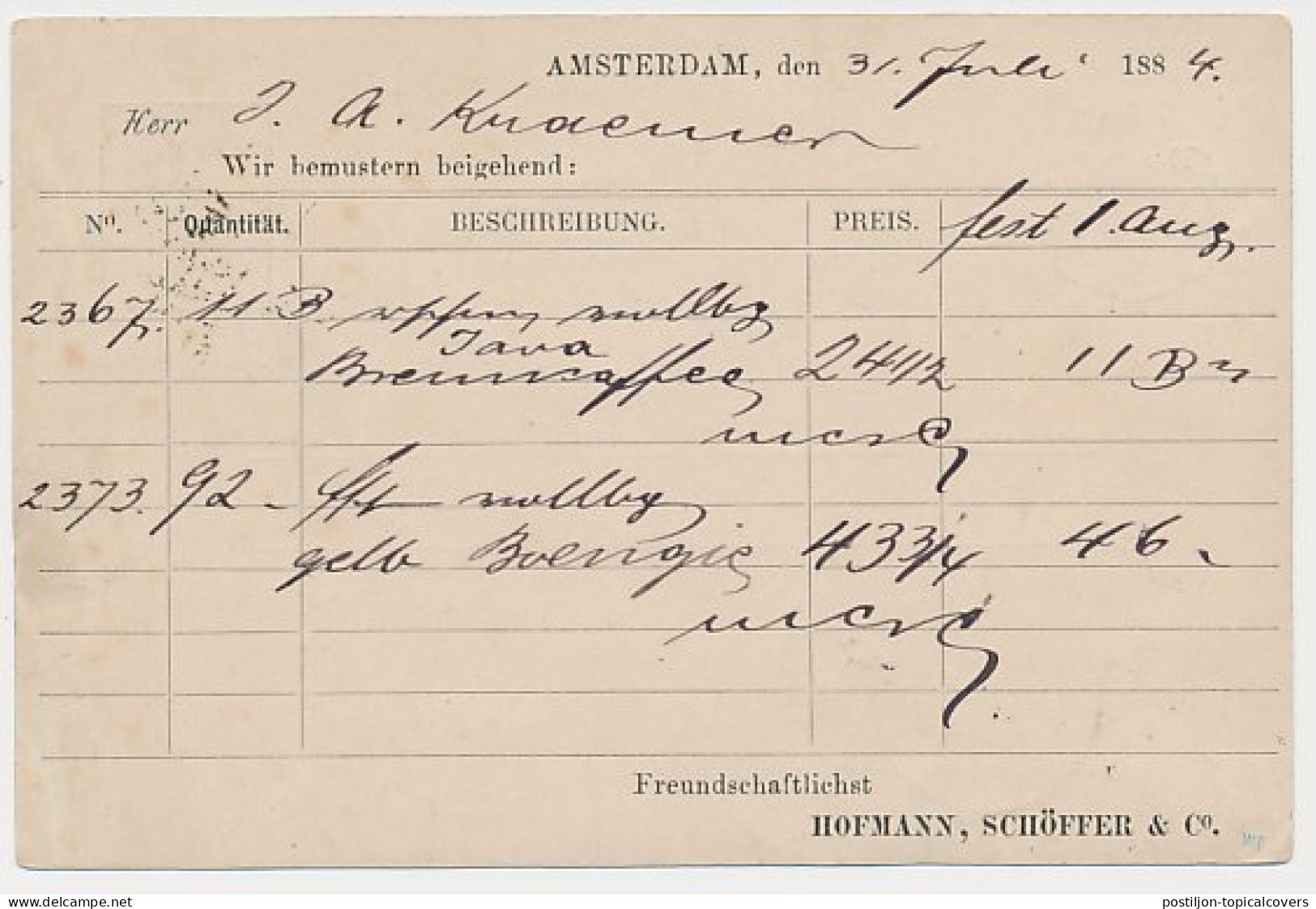 Briefkaart G. 25 Particulier Bedrukt Amsterdam - Duitsland 1884 - Interi Postali