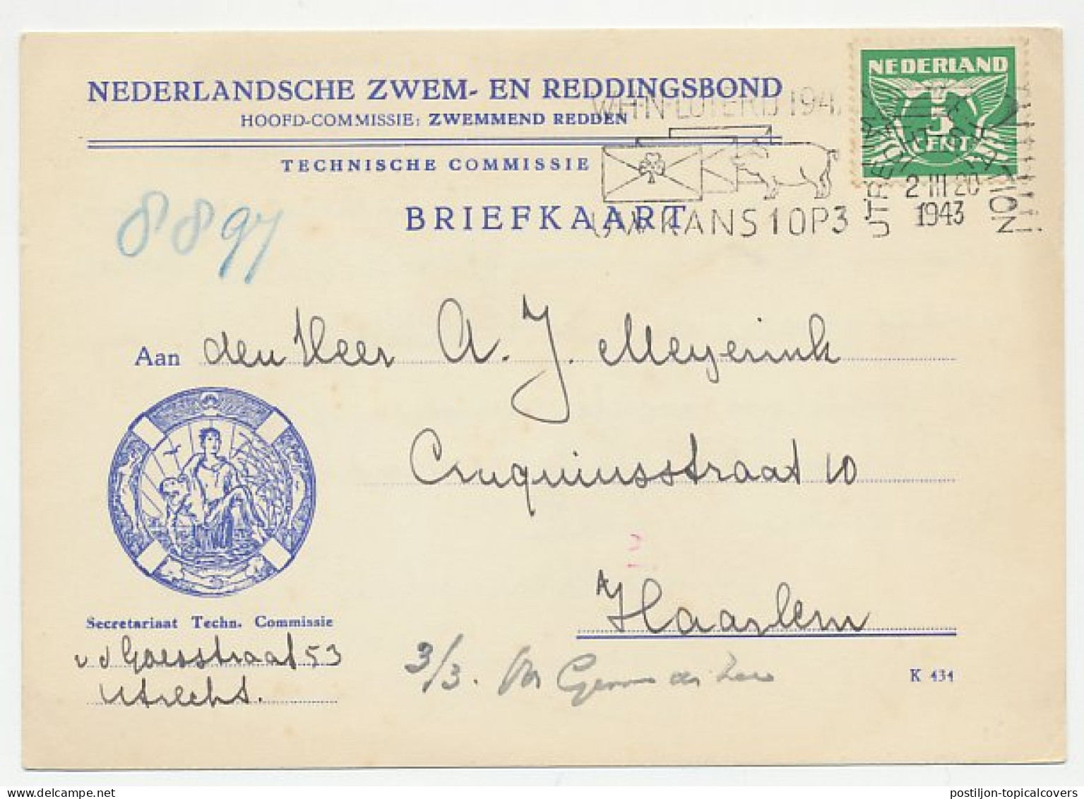 Briefkaart Utrecht 1943 - Reddingsbond - Ohne Zuordnung