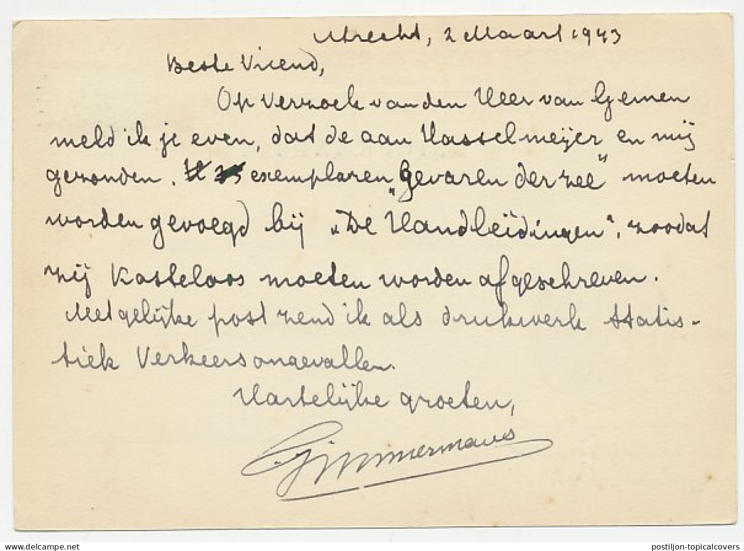 Briefkaart Utrecht 1943 - Reddingsbond - Ohne Zuordnung