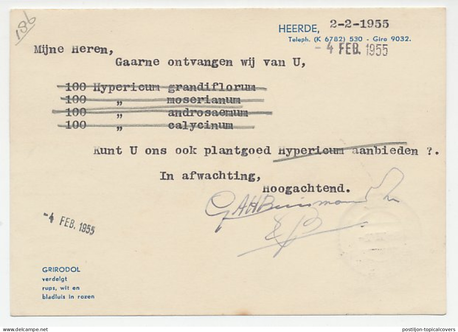 Firma Briefkaart Heerde 1955 - Rozen - Ohne Zuordnung