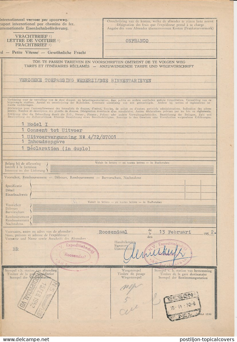 Vrachtbrief N.S. Roosendaal - Belgie 1952 - Unclassified