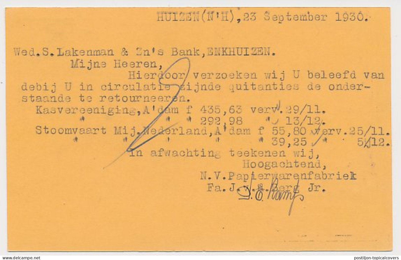 Firma Briefkaart Huizen 1930 - Papierwarenfabriek - Ohne Zuordnung