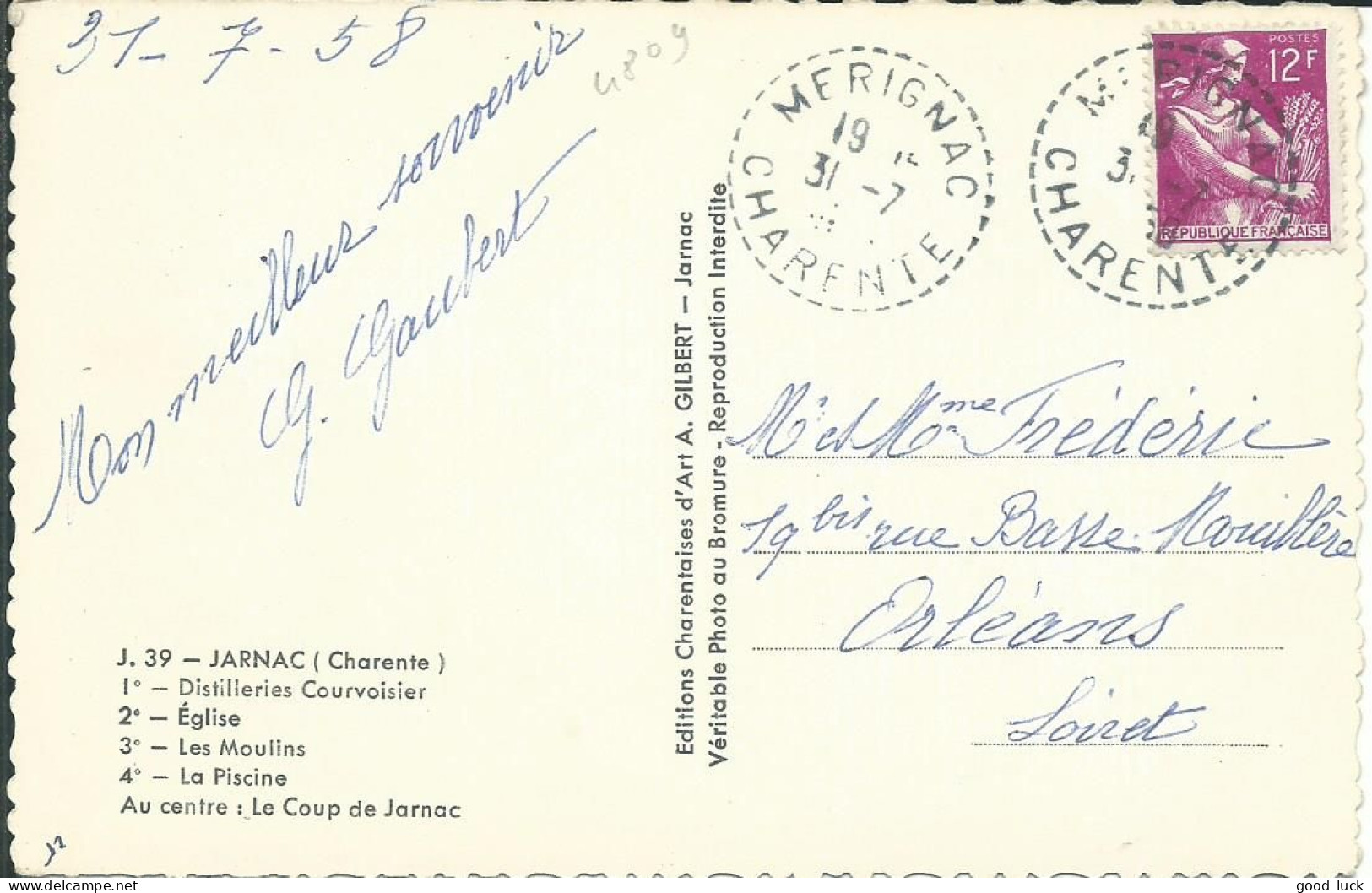 FRANCE CARTE 12F MERIGNAC ( CHARENTES ) POUR ORLEANS ( LOIRET ) DE 1958 LETTRE COVER - 1921-1960: Période Moderne