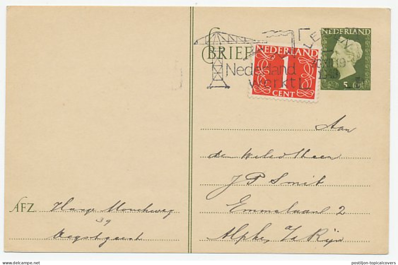 Briefkaart G. 291 A / Bijfrankering Leiden - Alphen A/d Rijn 19 - Interi Postali