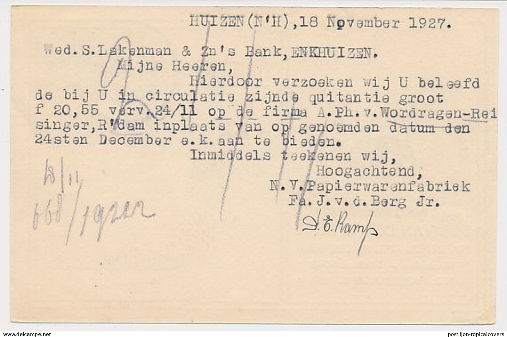 Firma Briefkaart Huizen 1927 - Papierwarenfabriek - Ohne Zuordnung