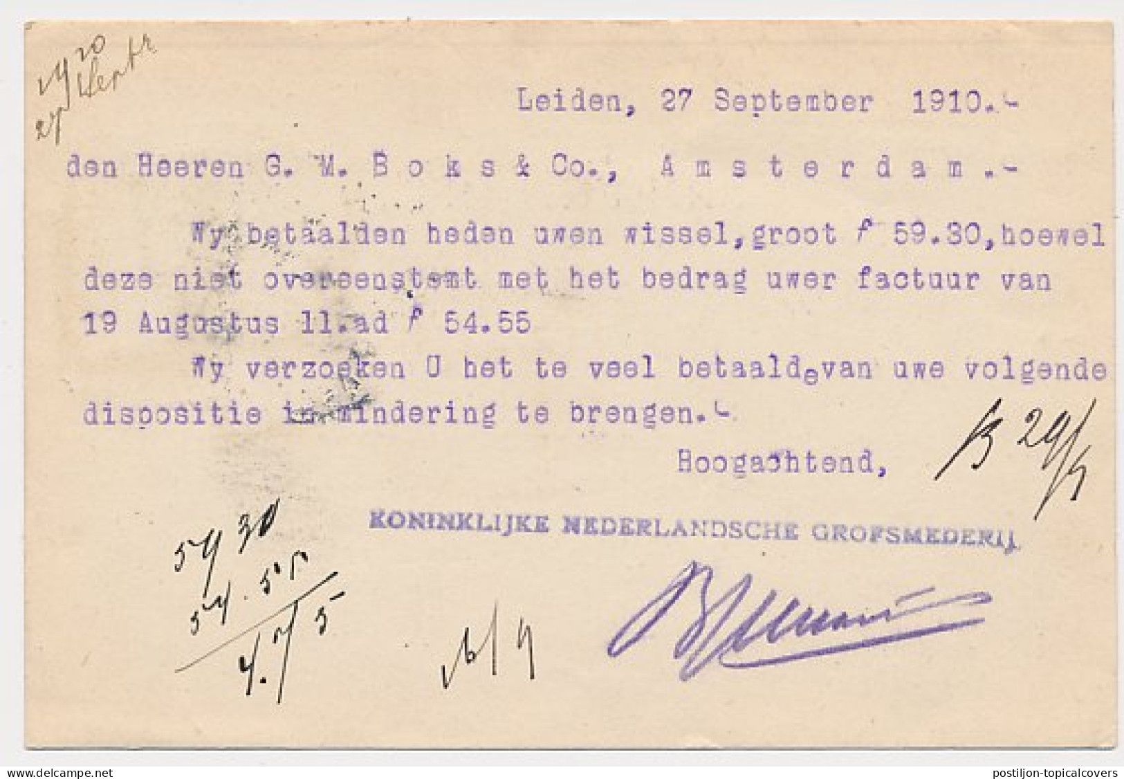 Firma Briefkaart Leiden 1910 - Grofsmederij - Zonder Classificatie