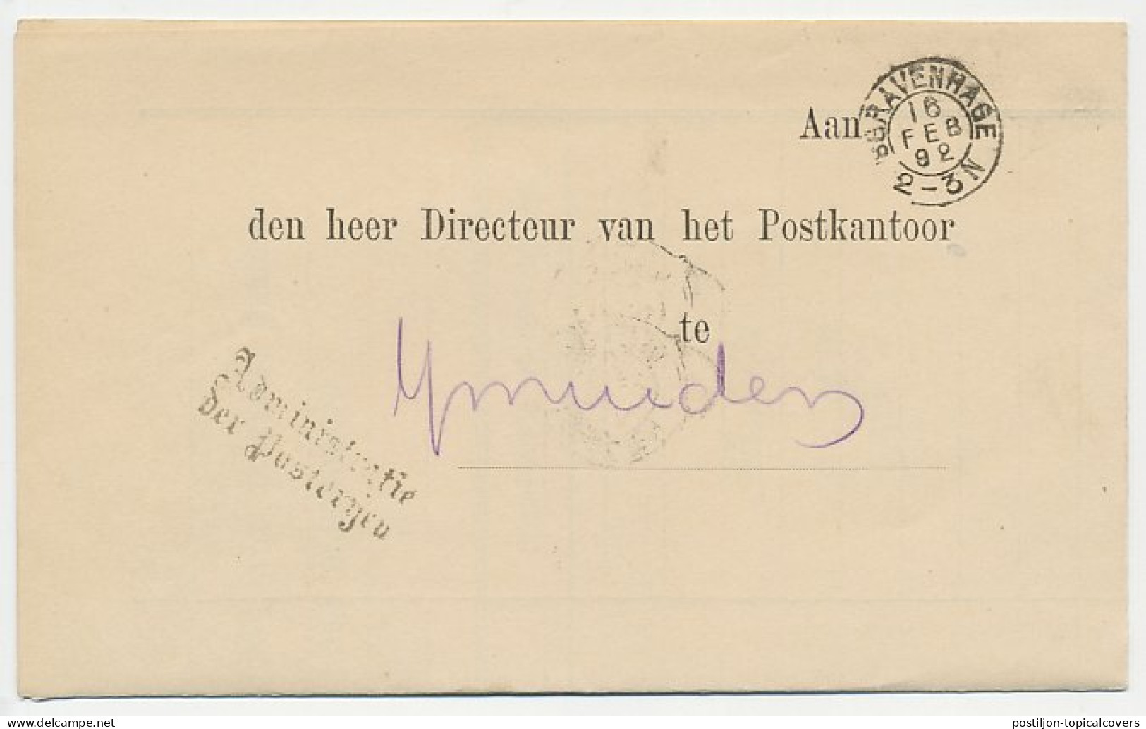 Dienst Posterijen Den Haag - IJmuiden 1892 Onbestelbare Stukken - Ohne Zuordnung