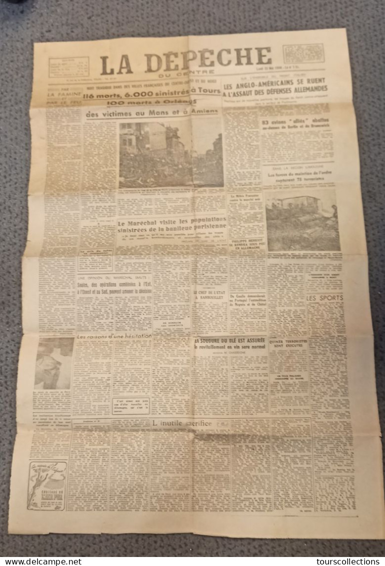 JOURNAL ANCIEN DE LA DEPECHE DU CENTRE Du 22 MAI 1944 - Bombardement ANGLO AMERICAIN Sur TOURS (37) 116 Morts GUERRE WW2 - Sonstige & Ohne Zuordnung