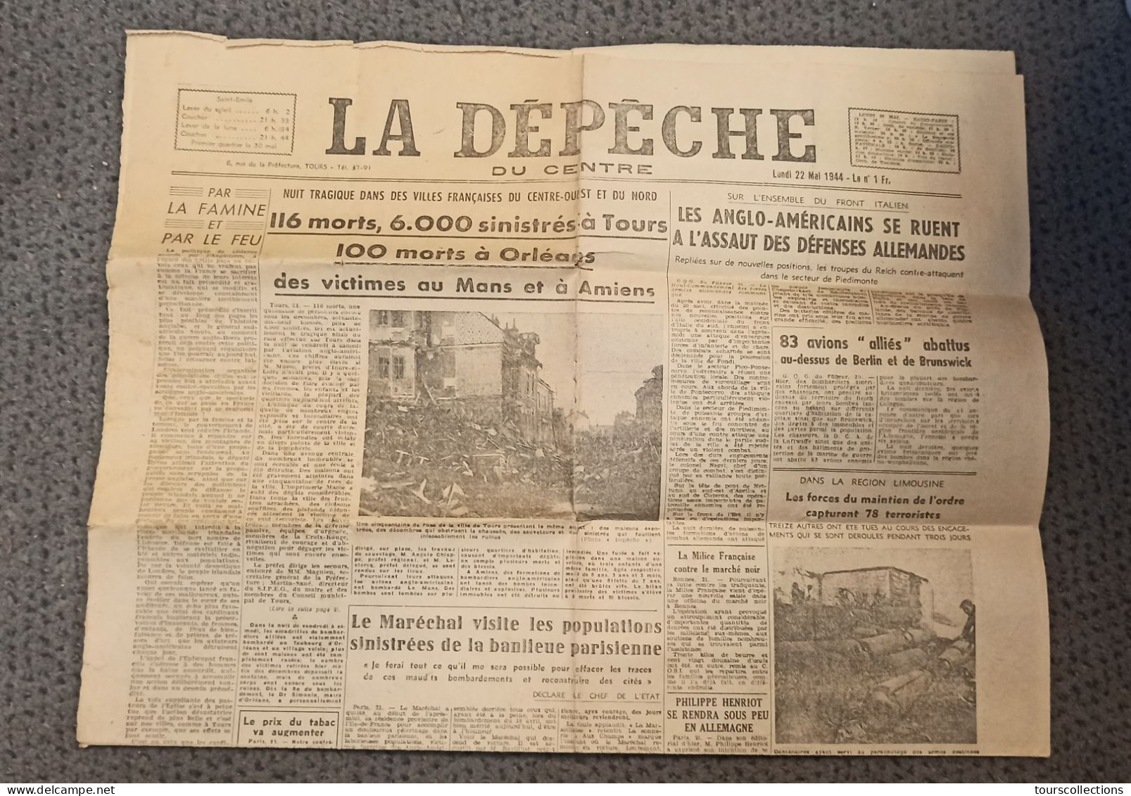 JOURNAL ANCIEN DE LA DEPECHE DU CENTRE Du 22 MAI 1944 - Bombardement ANGLO AMERICAIN Sur TOURS (37) 116 Morts GUERRE WW2 - Otros & Sin Clasificación