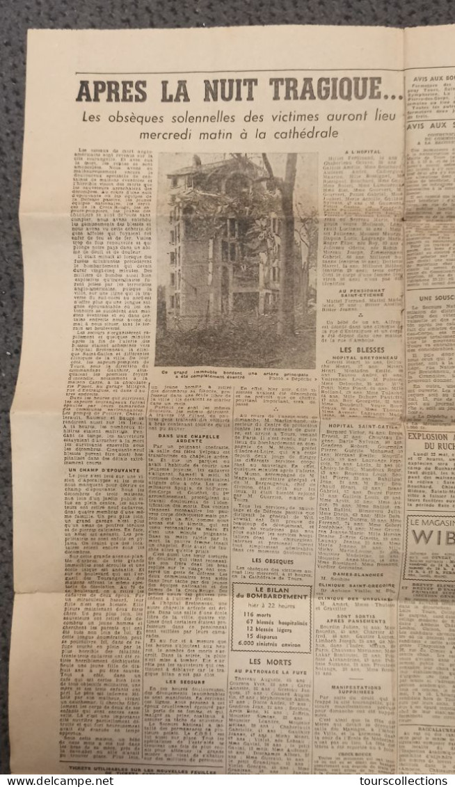 JOURNAL ANCIEN DE LA DEPECHE DU CENTRE Du 22 MAI 1944 - Bombardement ANGLO AMERICAIN Sur TOURS (37) 116 Morts GUERRE WW2 - Andere & Zonder Classificatie