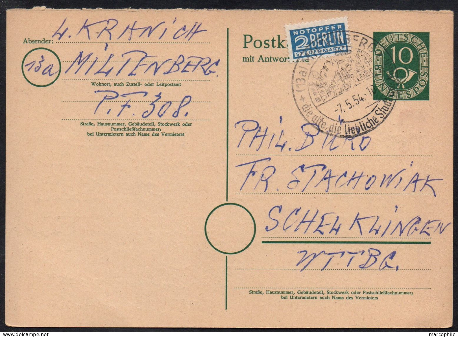 POSTHORN - MILTENBERG / 1954  GSK FRAGETEIL ECHT GELAUFEN Mi P14F II / KW 32.00 EURO (ref LE2247) - Postcards - Used