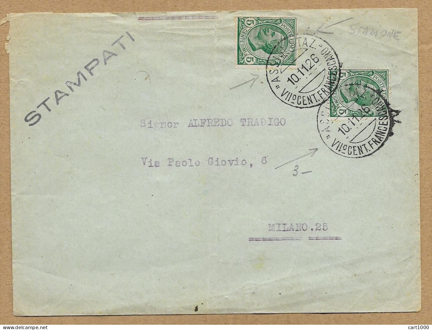 1926 ANNULLO SU LEONI ASSISI STAZ. VII° CENTENARIO FRANCESCANO N°H538 - Storia Postale