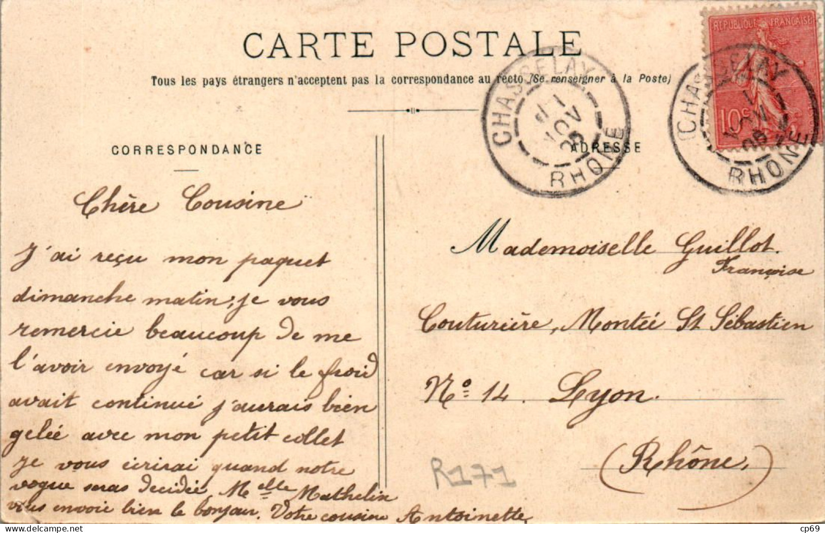 Chasselay Canton De Limonest Place De La Mairie Rhône Cpa Voyagée En 1905 En B.Etat - Autres & Non Classés