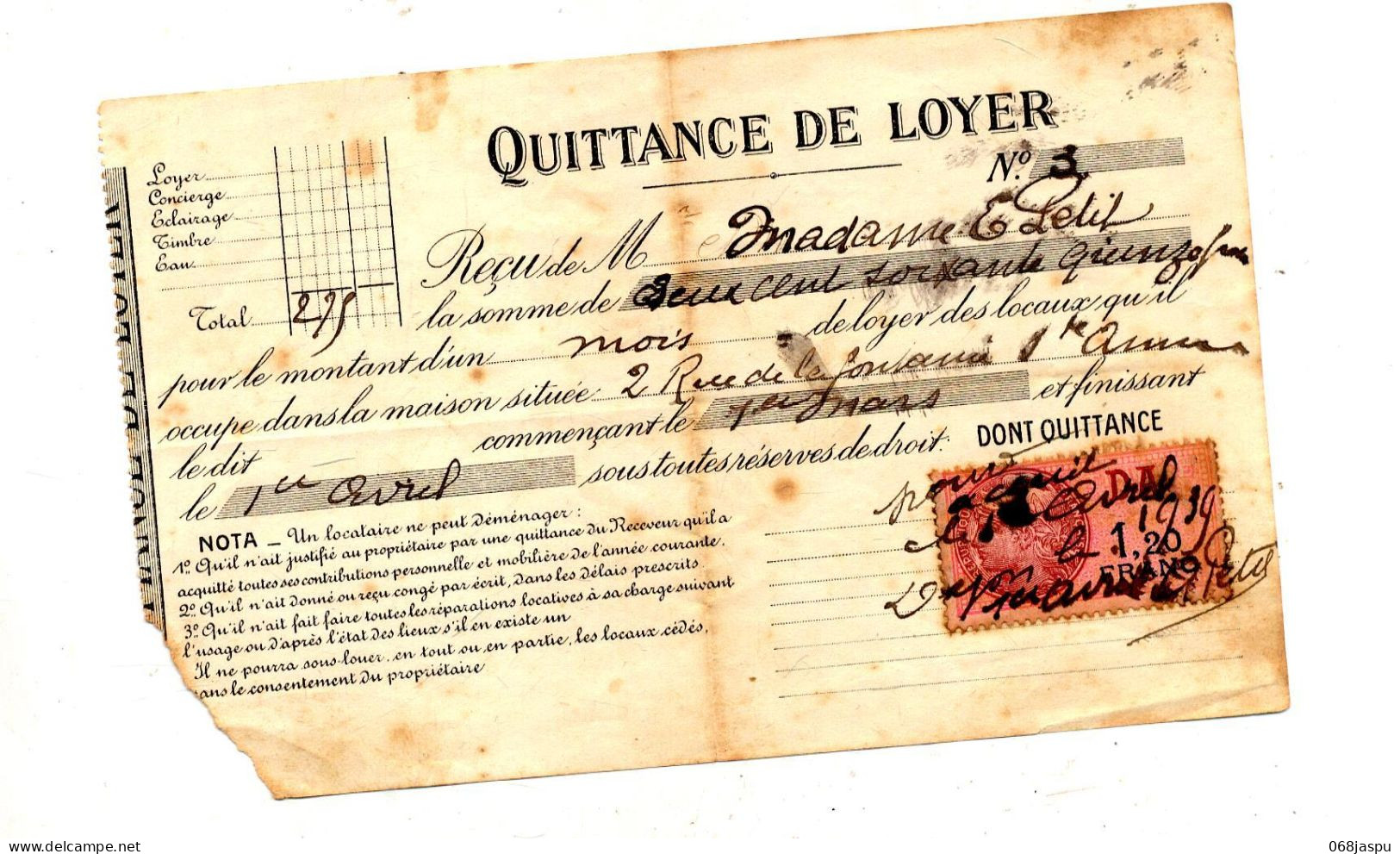 Quittance Loyer Evril 1939 Saint Amand Timbre Fiscal - Andere & Zonder Classificatie