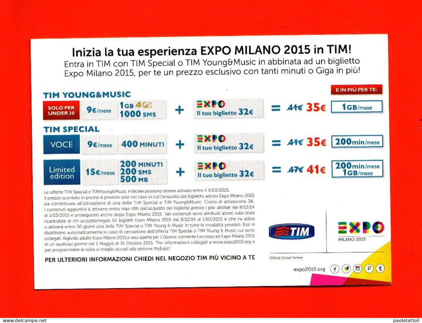 Advertising Cardboard- EXPO Milano 2015. Cibo Vita.Sponsor TIM. Post Card's Sizes. - Téléphonie