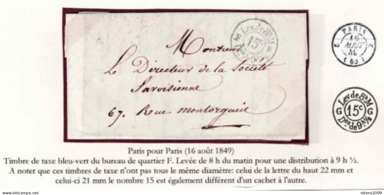 PARIS POUR PARIS TIMBRE DE TAXE QUARTIER F À 15 C 16 AOÜT 1849 - 1849-1876: Classic Period