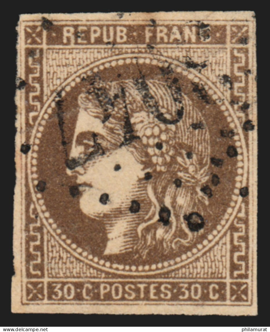 N°47e, Variété "R Relié", Bordeaux 30c Brun, Oblitéré, Signé R.BLANC - B/TB - 1870 Bordeaux Printing