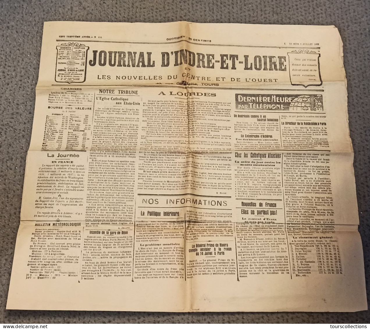 JOURNAL ANCIEN D' INDRE ET LOIRE (37)  Du 5 Juillet 1926 - Le Train Le Havre Paris Catastrophe Ferroviaire à ACHERES 78 - Andere & Zonder Classificatie