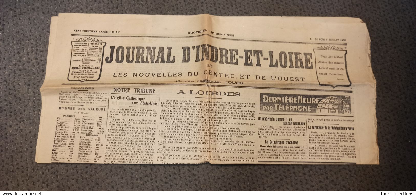 JOURNAL ANCIEN D' INDRE ET LOIRE (37)  Du 5 Juillet 1926 - Le Train Le Havre Paris Catastrophe Ferroviaire à ACHERES 78 - Andere & Zonder Classificatie