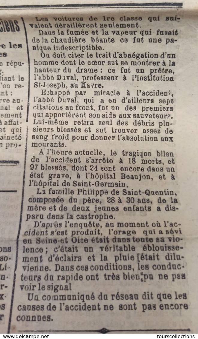 JOURNAL ANCIEN D' INDRE ET LOIRE (37)  Du 5 Juillet 1926 - Le Train Le Havre Paris Catastrophe Ferroviaire à ACHERES 78 - Otros & Sin Clasificación