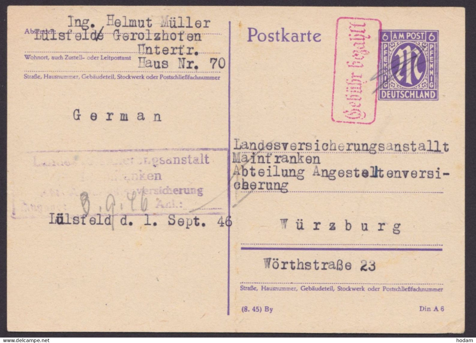 GS: P903 I, O, Bedarf ""Lülsfeld Bei Gerolzhofen", 1946, Roter Ra "Gebühr Bezahlt", Handschr. Entwertung, Mittelbug - Covers & Documents