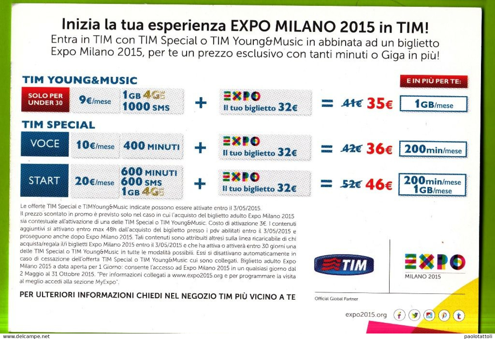 Advertising Cardboard- EXPO Milano 2015. Terra Mare.Sponsor TIM. Post Card's Sizes. - Telephony