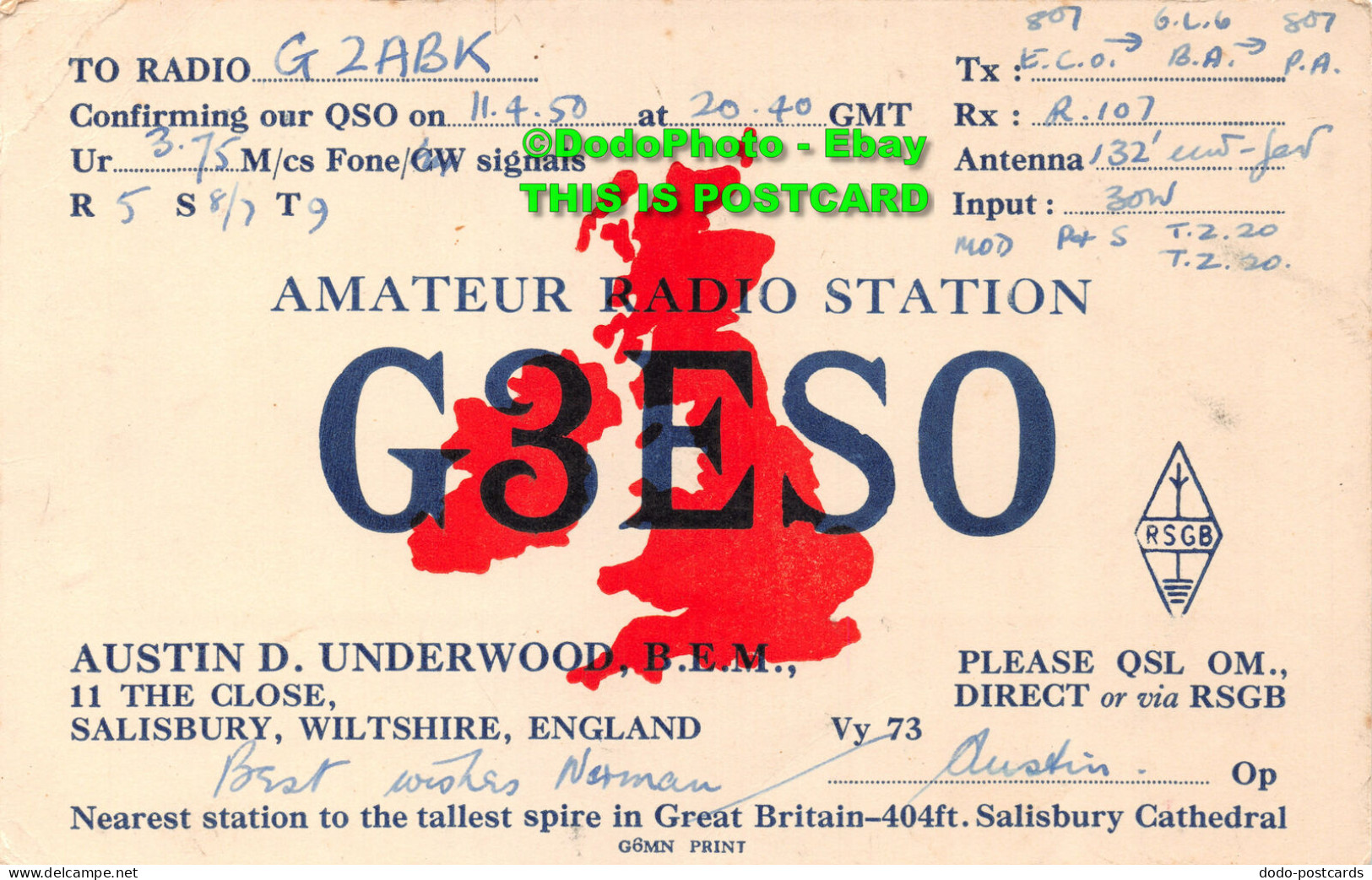 R421805 To Radio G2ABK. Amateur Radio Station. G3ESO. Postcard - Monde