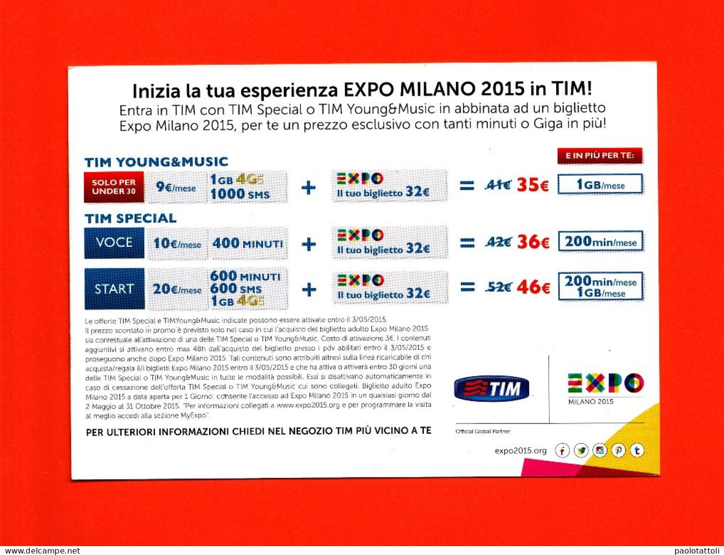 Advertising Cardboard- EXPO Milano 2015.Stupore Sapore.Sponsor TIM. Post Card's Sizes - Telephony