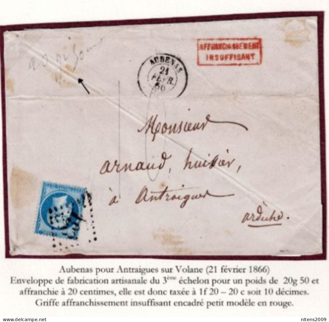 ENV FAB LOCALE AUBENAS POUR ANTRAIGUES S/VOLANE AFFRANCHISSEMENT INSUFFISANT TAXE 10 DECIMES 21 FÉVRIER 1866 SUP - 1849-1876: Periodo Classico