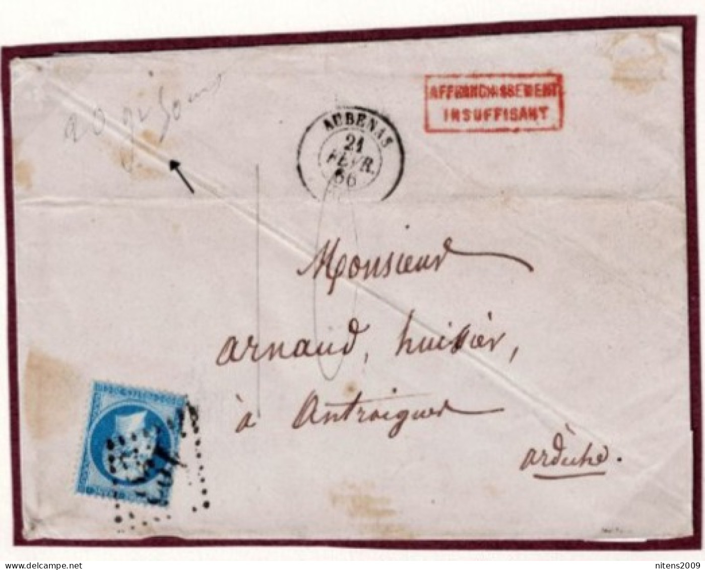 ENV FAB LOCALE AUBENAS POUR ANTRAIGUES S/VOLANE AFFRANCHISSEMENT INSUFFISANT TAXE 10 DECIMES 21 FÉVRIER 1866 SUP - 1849-1876: Classic Period