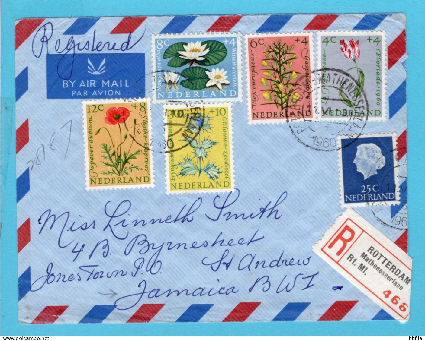 NEDERLAND Luchtpost Brief 1960 Rotterdam Met Bloemenset Naar Jamaica BWI - Covers & Documents