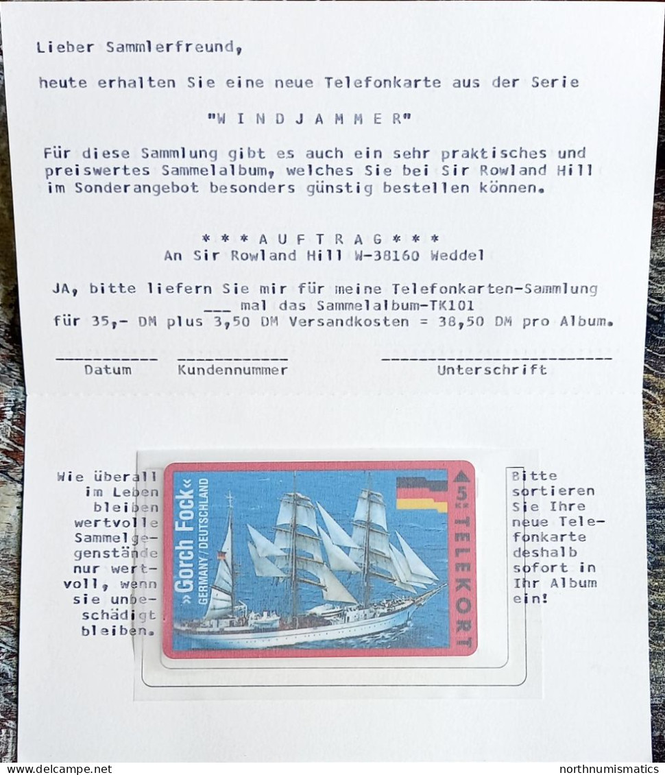 Germany Gorch Fock Telekort 5 KR Certificate Unused - Verzamelingen