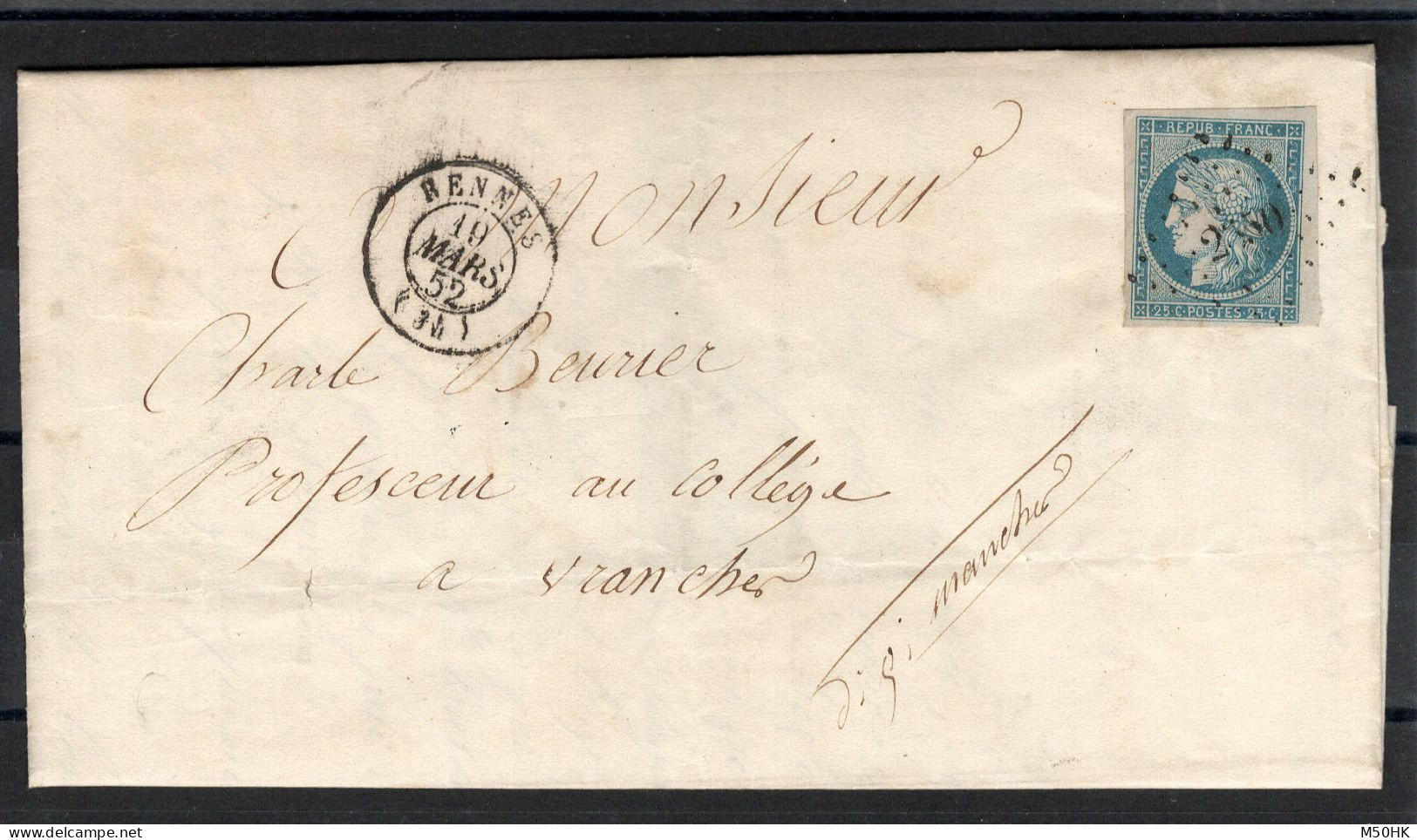 Lettre Avec YV 4 Grand Luxe Oblitéré PC 2650 De Rennes , Pour Avranches - 1849-1876: Classic Period