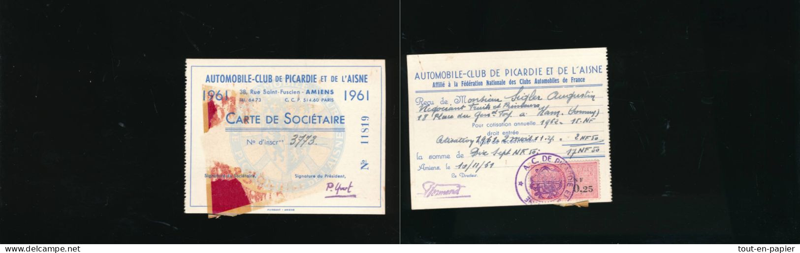 59 Carte De Membre Sociétaire Automobile Club De Picardie Et De L'Aisne Amiens 1961 Timbre Fiscal - Mitgliedskarten