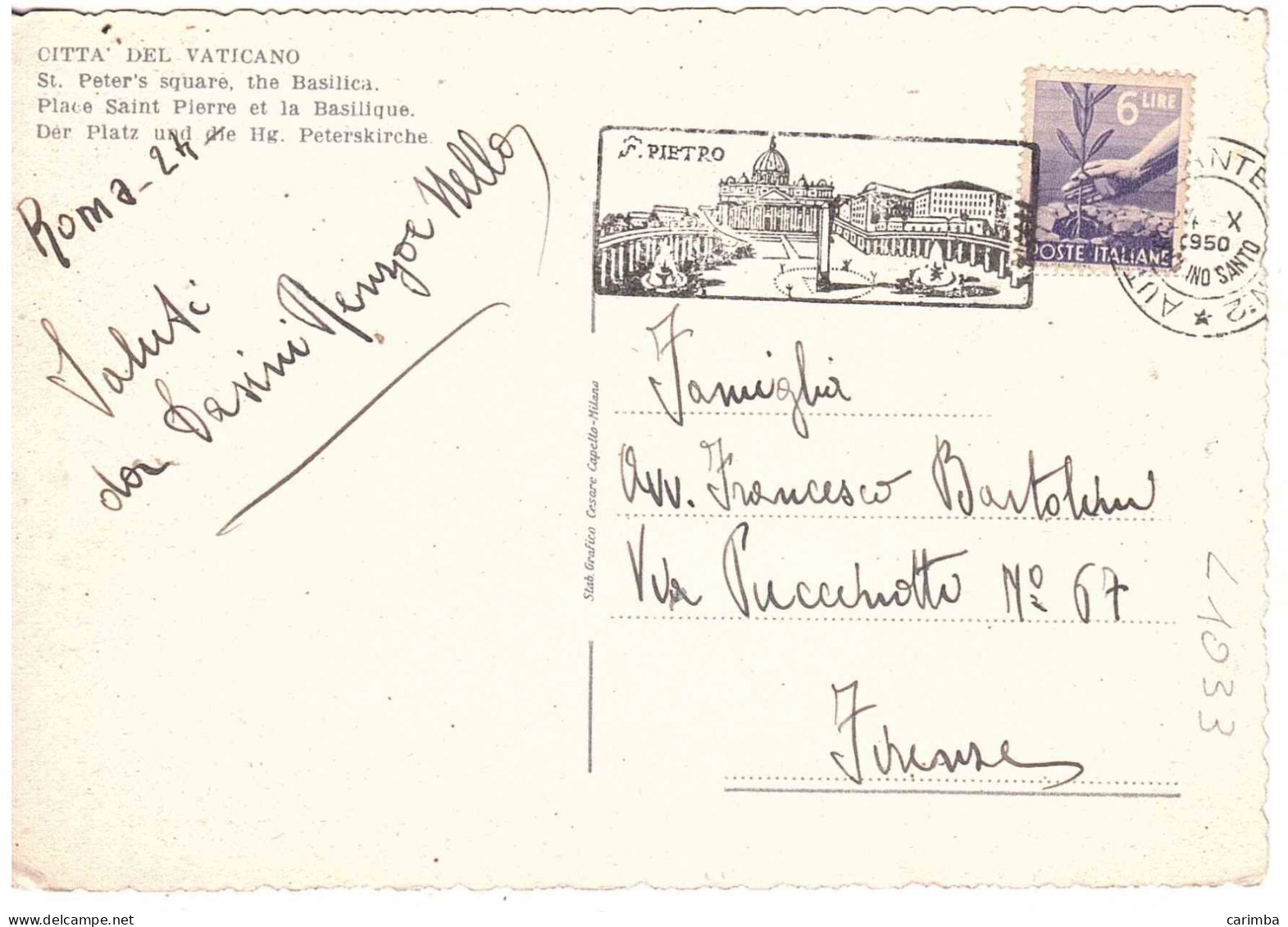 CARTOLINA VATICANP ANNULLO TARGHETTA S.PIETRO - 1946-60: Storia Postale