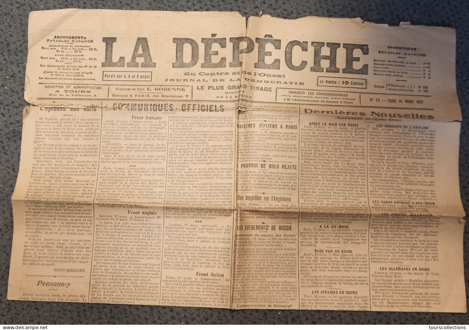 JOURNAL ANCIEN D' INDRE ET LOIRE (37)  La DEPECHE Du Centre Et De L'Ouest 14 Mars 1918 WW1 Guerre - Other & Unclassified