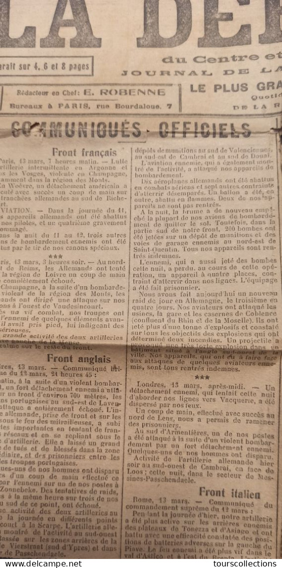 JOURNAL ANCIEN D' INDRE ET LOIRE (37)  La DEPECHE Du Centre Et De L'Ouest 14 Mars 1918 WW1 Guerre - Otros & Sin Clasificación