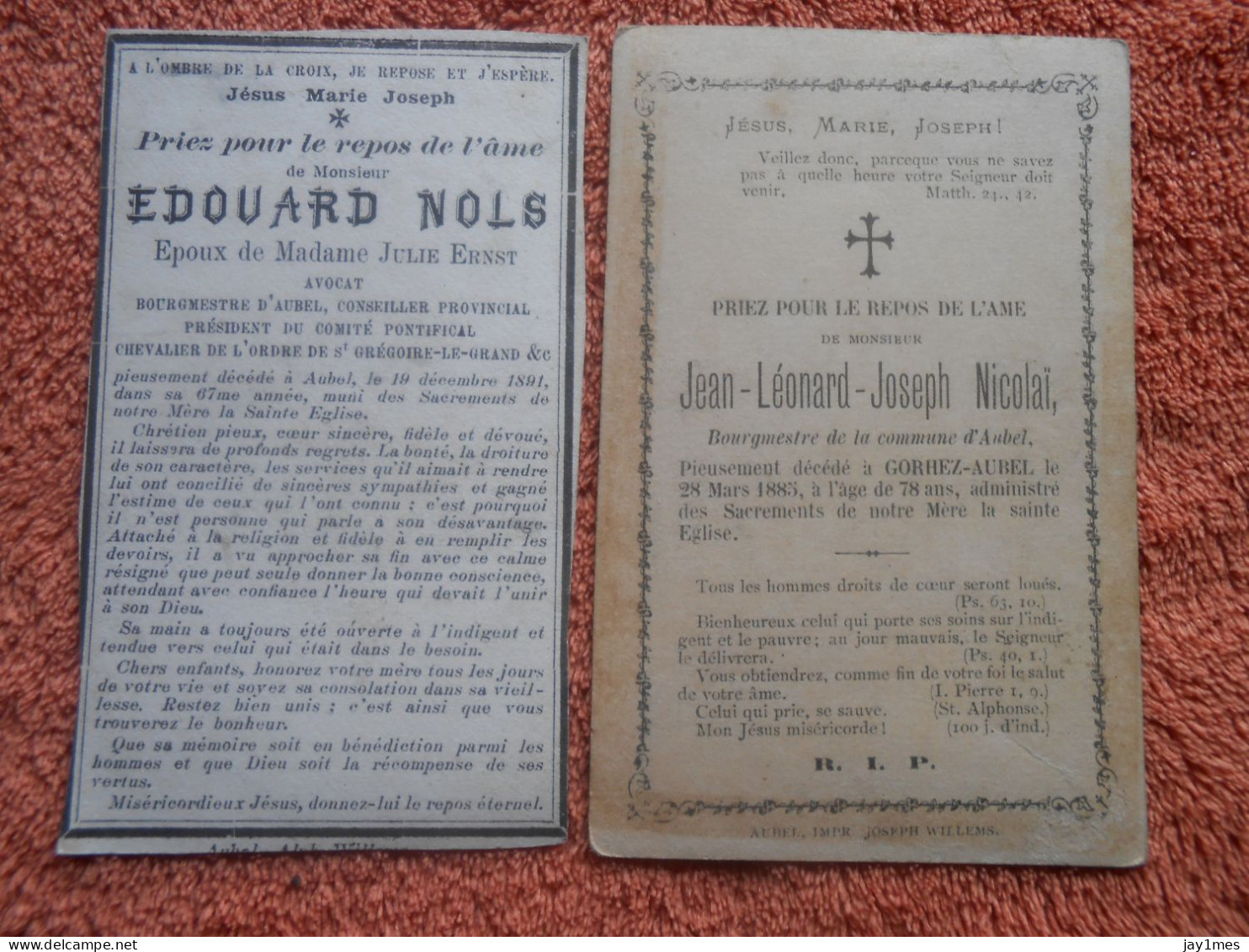 2 Faire-part Décés En 1885 Et En 1891 Bourgmestre D'Aubel - Todesanzeige