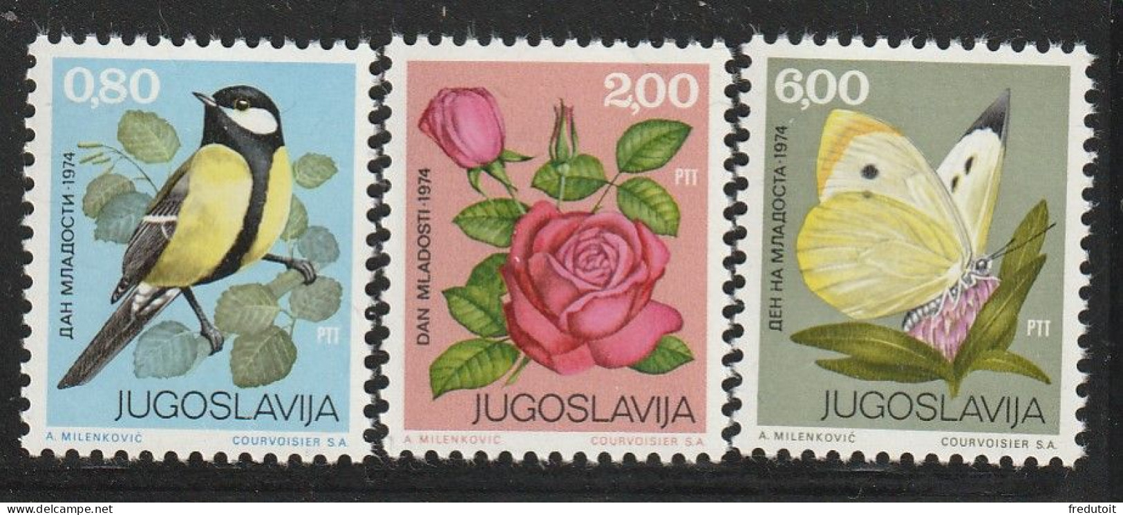 YOUGOSLAVIE- N°1443/5 ** (1974) Oiseau , Fleur Et Papillon - Nuovi