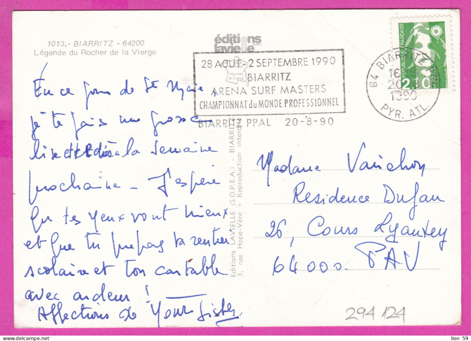 294124 / France - BIARRITZ Legende Du Rocher De La Vierge PC 1990 USED 2.10 Fr. Marianne De Briat Flamme "Sport Surfing - Covers & Documents