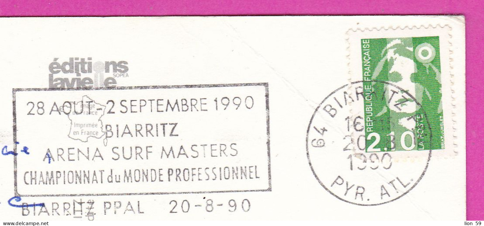 294124 / France - BIARRITZ Legende Du Rocher De La Vierge PC 1990 USED 2.10 Fr. Marianne De Briat Flamme "Sport Surfing - Lettres & Documents