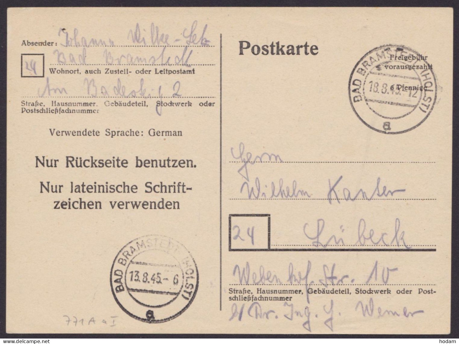 GS:  P771 A Ia, O, Sauberer Bedarf "Bad Bramstedt", 18.8.45 - Lettres & Documents