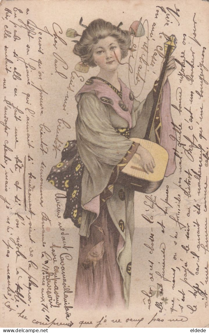 Japanese Geisha Playing Mandolin Art Card Color 1903 Envoi Verpillot Noyers Sur Serein Yonne - Before 1900